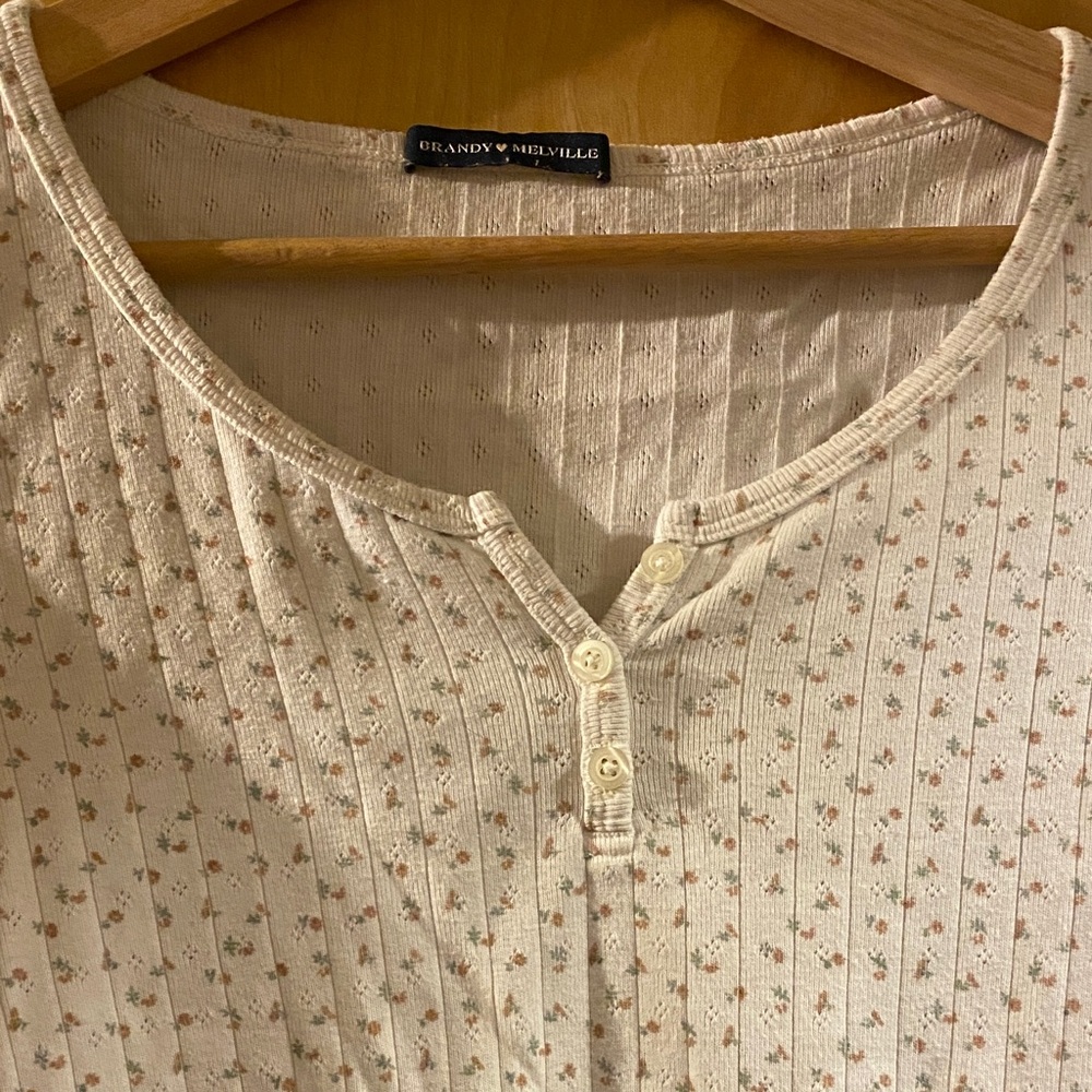 Brandy Melville Cream Ribbed Henley Top with Micro Print
